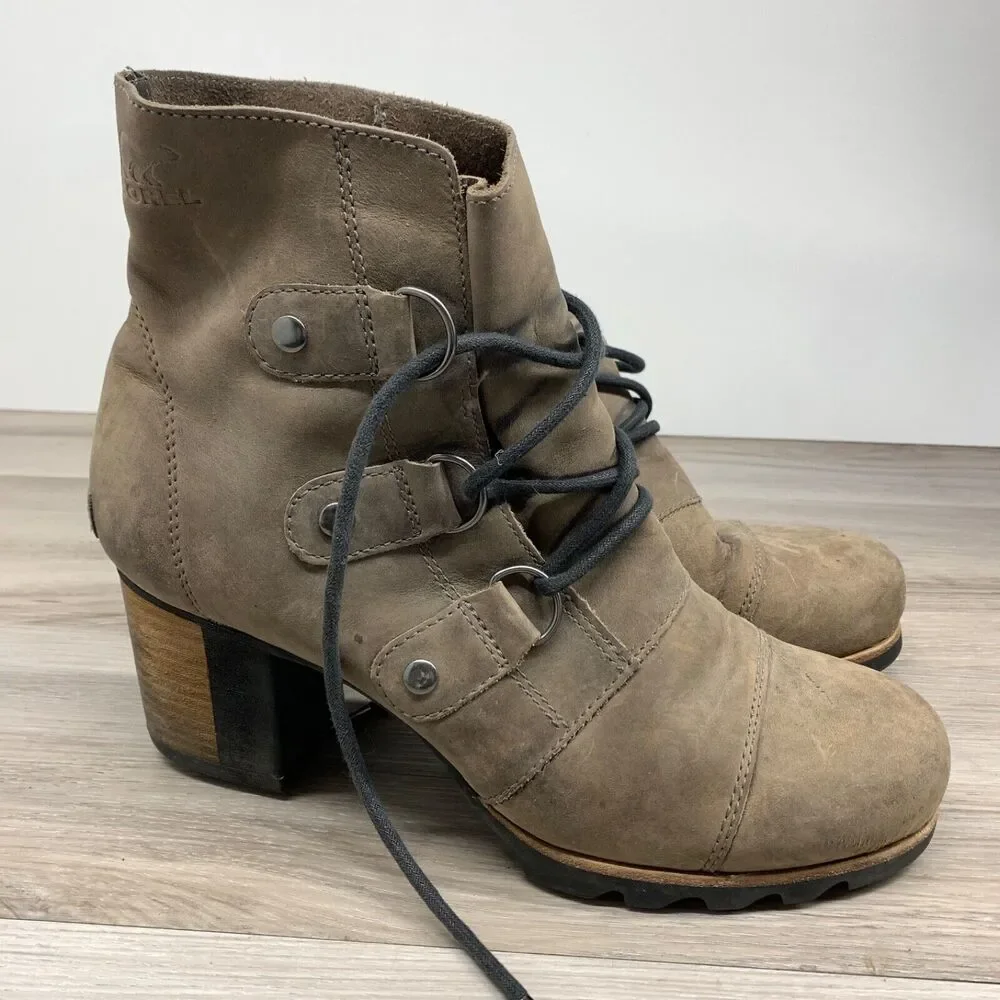SOREL Boots Womens Sz 10 Addington Bootie Shoes Distressed Leather‎ Lace Up Heel